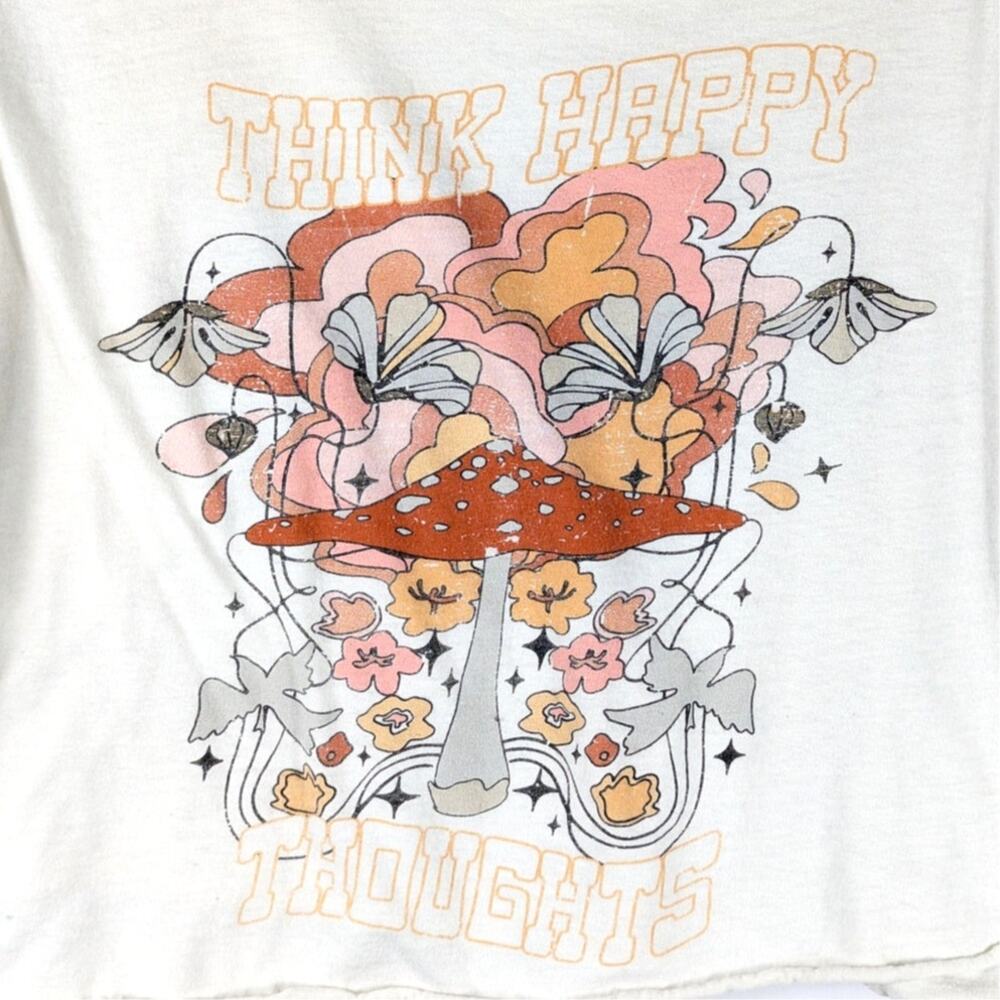 Altar’d State XS Cropped Graphic T-Shirt Think Happy Thoughts Mushroom Tee